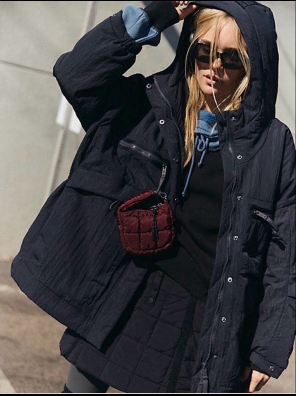Free People Billie Boxy Oversized Black Hooded Puffer Jacket